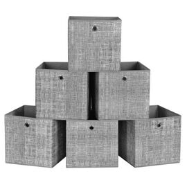 Boîtes de Rangement, Lot de 6, Coffres de Rangement en Tissu Non-Tissé avec Poignée, 30 x 30 x 30 cm, Cubes, pour Étagère, Pliables, Rangement de Vêtements, Gris Chiné
