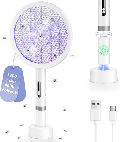 2-in-1 Electric Insect Racket, Powerful 4000 V Electric Mosquito Racket 1800 mAh USB Rechargeable Fly Swatter with 3 Layers Mesh Protection for Indoor Outdoor Use