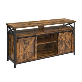 Meuble Tv, Support Pour Téléviseur Jusqu'à 65 Pouces, Avec Étagères Réglables, Portes Imitation Grange, Marron Rustique Et Noir