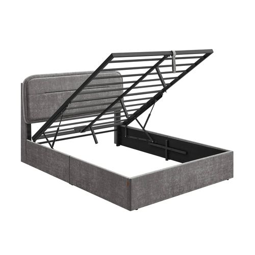 Lit Double, Cadre de Lit, Lit Coffre, Sommier Relevable, 140 x 190 cm, avec Rangement, Éclairage LED, Ports de Charge, Tête de Lit, Gris Ardoise