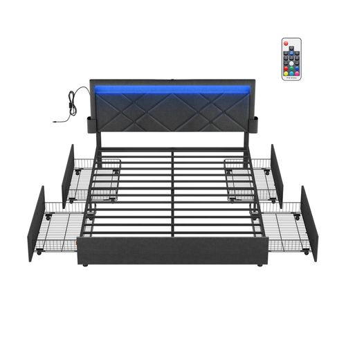 Vasagle Cadre De Lit, 160 X 200 Cm, Avec Led, 4 Tiroirs, Multiprise, Tête De Lit, Gris Et Noir