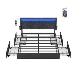 Vasagle Cadre De Lit, 160 X 200 Cm, Avec Led, 4 Tiroirs, Multiprise, Tête De Lit, Gris Et Noir