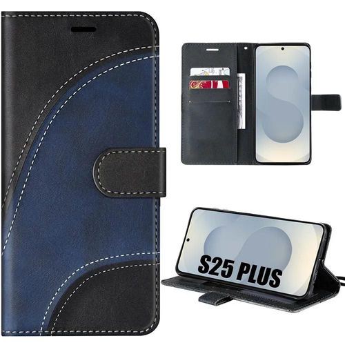 Coque Pour Samsung Galaxy S25 Plus (S25+) Protection Effet Cuir Élégant Bicolore Noir/Bleu Marine - E.F.Connection