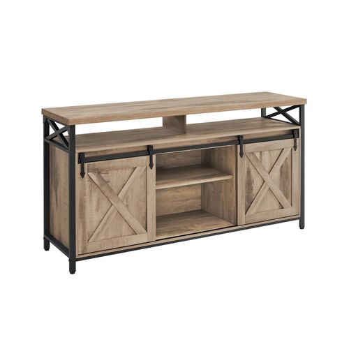 Meuble Tv, Avec Étagères Réglables, Portes Imitation Grange, Style Rustique, Cadre En Métal, Marron Camel Et Noir Simple