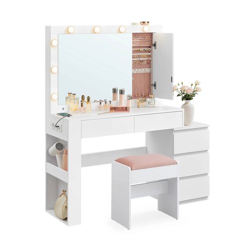 Coiffeuse, Table De Maquillage Avec Tiroir, Tabouret, Avec Éclairage Led Et Miroir, Armoire À Bijoux, Multiprise, 40 X 125 X 140 Cm, Conception Moderne, Blanc Nuage Et Rose Bonbon