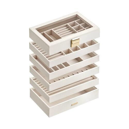 Boîte à Bijoux avec 6 Plateaux Empilables, Coffret à Bijoux Spacieux, Couvercle en Verre, 17 x 28 x 25,3 cm, pour Tiroir, Coiffeuse, Blanc Nuage