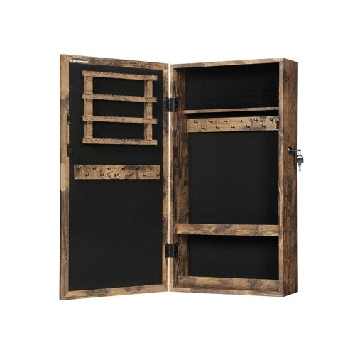 Armoire à Bijoux Murale, Organisateur de Bijoux, Rangement, Verrouillable, avec Miroir, Peu Encombrant, Surface en Marron Rustique et Doublure en Noir