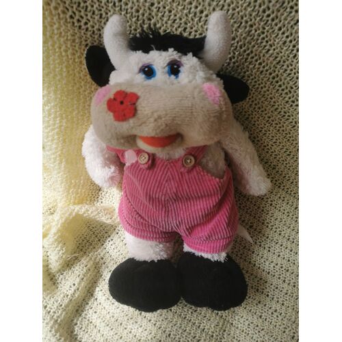 Doudou Peluche Vache Fleurs Ruban Salopette Rose Velours Côtelé