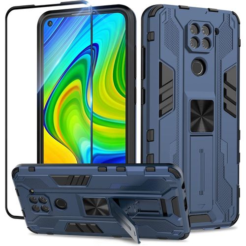 Coque Pour Xiaomi Redmi Note 9 Avec Verre Tremp¿¿, Outdoor Antichoc De Qualit¿¿ Militaire Coque Avec B¿¿Quille Anti Rayure, Compatible Support De Voiture Magn¿¿Tique - Bleu