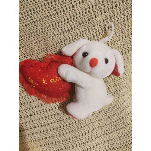 Peluche Chien Blanc Rouge Coussin Coeur Je T'aime Sandy