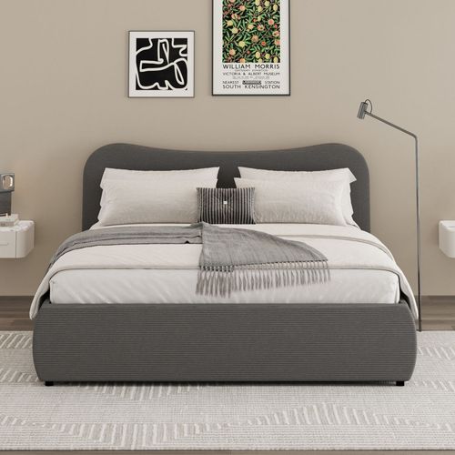 Lit Coffre 160x200cm Design Arrondi Velours Côtelé Gris Plano