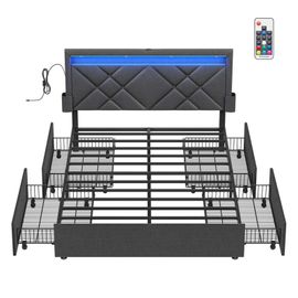 Lit Double, 140 X 190 Cm, Avec Led, En Métal, 4 Tiroirs, Multiprise, Tête De Lit Rembourrée Ajustable, Pas Besoin De Sommier, Gris Ardoise Et Noir Mat