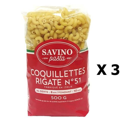 Lot 3x Pâtes Coquillettes Rigate N°51 - Savino Pasta - Paquet 500g