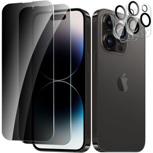 Lot 2x Protection Écran Anti-Espion + 2x Protection Lentille Caméra Pour Iphone 14 Pro Max - Verre Trempé 9h 0,28 Mm Ultra-Fin, Anti-Traces, Pose Sans Bulles, Bords 2.5d