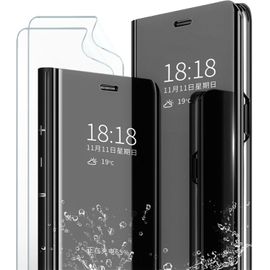 KAL-Mlotech Compatible Coque Samsung Galaxy S22 Ultra,Étui+ Protection Écran [2 Pièces] Flip Clear View Translucide Miroir Cover Standing 360°Housse Antichoc Smart Cover Bumper Noir