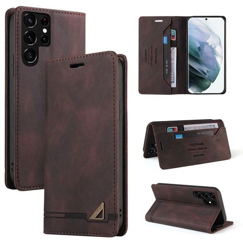 Coque Pour Samsung Galaxy S23 Ultra,Étui Housse Samsung Galaxy S23 Ultra Antichocsupport Pliable,Gommage Sensoriel De La Peau,Clamshell,Brosse Anti-Vol,Étui De Téléphone À Cassette - Brun