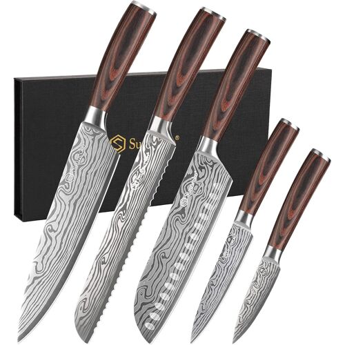 Mevronisshop-Set Couteau Cuisine Professionnel - Couteaux De Cuisine Japonais 5 Pièces En Acier Inox Lasé, Couteau Office Chef Santoku Pain Légume