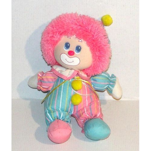 peluche petit clown amtoy doudou poupée de chiffon rose bleu rayé tissus