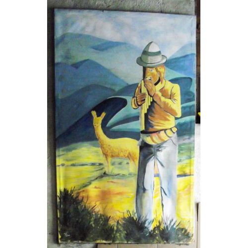 Toile Peinte Acrylique Musicien De Flute De Pan Péruvien. Hauteur 240cm Largeur 140cm