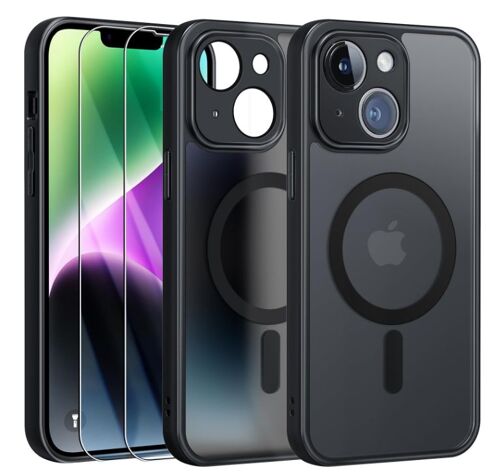 Coque Noir Magnétique Pour Iphone 14 + 2 Verre Trempé, Compatible Avec Magsafe, Protection Caméra ,Translucide Antichoc - Hqselection®
