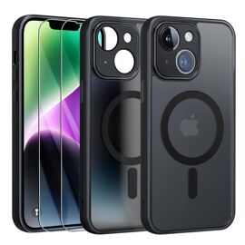 Coque Noir Magnétique pour iPhone 14 + 2 Verre Trempé, Compatible avec MagSafe, Protection caméra ,Translucide Antichoc - HQSELECTION®