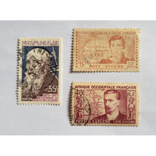 Lot 3 Timbre Cote D'Ivoire Oblitéré - Yt 47, 141, 146 - Hansen, Découverte Du Bacille De La Lèpre, 35f, 1973 - Centenaire De René Caillé, 90c, 1939 - Marcel Treich-Laplène, 40f, 1952