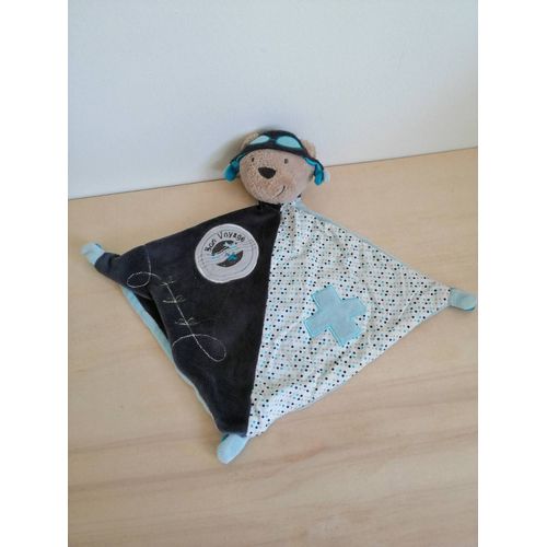 Doudou ours aviateur bleu sauthon