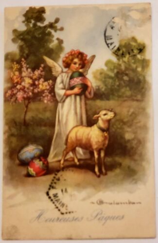 Carte Postale Ancienne, France, Heureuses Pâques, Ange Oeufs, Brebis