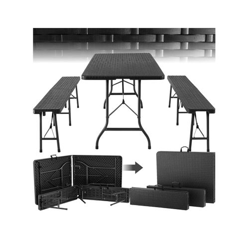 Tectake® Ensemble De Table Pliante Camping Ou De Pique Nique Et 2x Banc De Jardin En Acier Aspect Rotin