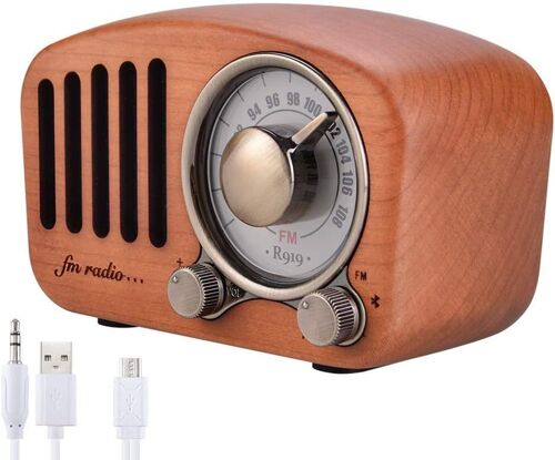 VornixorSarlshop-Radio Portable Haut-parleurs Bluetooth Faits à la Main Rétro en Bois Bluetooth 4.2 Mini Haut-Parleur avec Caisson de Basses Super Graves avec Radio FM Prise D¿entrée Audio (R919)