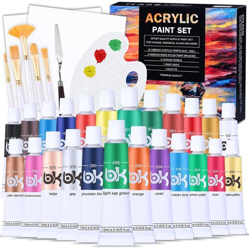 Peinture Acrylique, 33 Tubes De Peinture Acrylique Avec 24 X 12ml De Pigment Acrylique +5 Pinceaux +2 Toiles +1 Palette De Mélange +1 Couteau Mélangeur De Peintures Acryliques Pour Papier, Roche, Bois