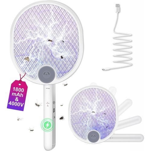 Electric Insect Racket 4000 V Electric Mosquito Racket 1800 mAh Piable Fly Swatter USB Rechargeable with 3 Layers Mesh Protection Wall Mount