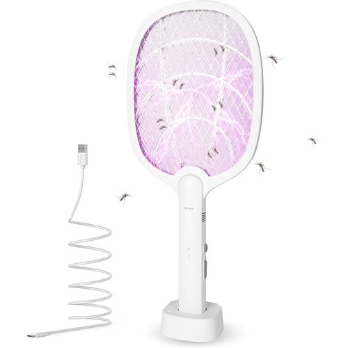 ASFASFq-Raquette Électrique Insectes, 3800V USB Rechargeable Raquette Moustique Electrique, Piable Tapetteà Mouche à Lumière UV 2 en 1, Raquette Anti Moustique avec Base pour Intérieur Extérieur