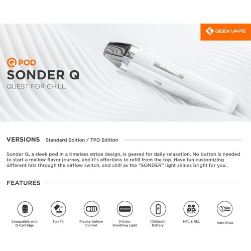 SONDER Q Pod Kit Avec Cartouche Q (0.8ohm 12-18W) - Batterie Vape 1000mAh - Cigarette électronique MTL & RDL