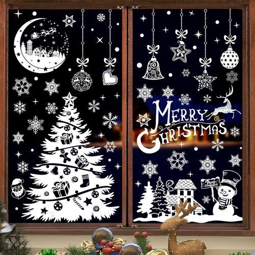 Stickers Autocollant Noel Fenetre - AQSACOKIYA - 202Pcs Blanc Stickers Noel Vitre Réutilisable - Decoration Noël Vitrine Verre