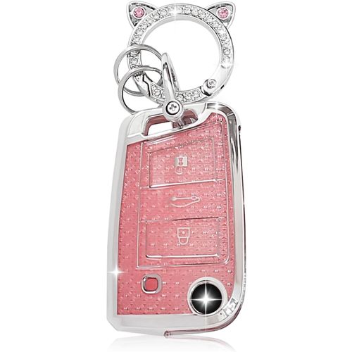 Kalanka-Coque De Clé De Voiture Pour Vwjoli Porte Clé Accessoire Voiture Compatible Avec Vw Volkswagen Golf 7 Tiguan T-Roc T-Cross Polo Seat Ateca Ibiza Leon Skoda Octavia Fabia Kamiq (Rose)
