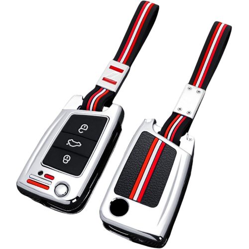 Coque De Protection Pour Clé De Voiture Compatible Avec Vw Volkswagen Golf 7 Mk7 Tiguan Mk2 For Seat Ateca Leon Fr 2 Ibiza Skoda Octavia 3 Boutons (Argent+Corde)