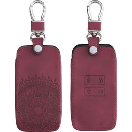 Accessoire Clef De Voiture Compatible Avec Renault Smart Key 4-Bouton (Keyless Go Uniquement)-Coque De Clé De Voiture En Nubuck-Soleil Indien Rouge Foncé