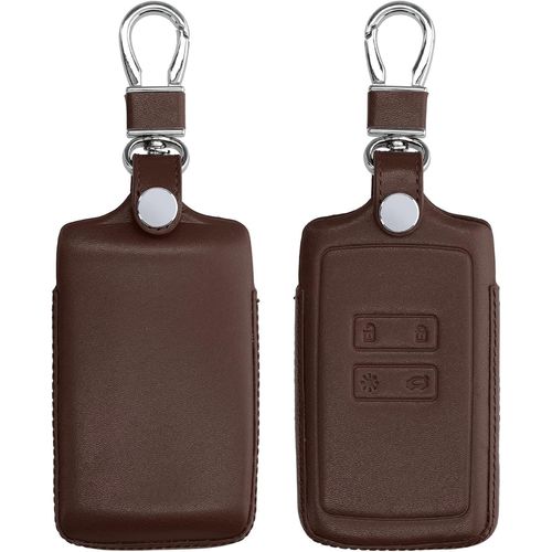 Coque Compatible Avec Renault Smart Key 4-Bouton (Keyless Go Uniquement) - Coque De Clé De Voiture En Cuir Véritable Avec Anneau Porte-Clés - Brun Foncé
