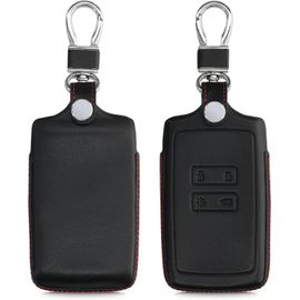 Coque Compatible Avec Renault Smart Key 4-Bouton (Keyless Go Uniquement)-Coque De Clé De Voiture En Cuir Véritable Avec Anneau Porte-Clés-Noir-Rouge