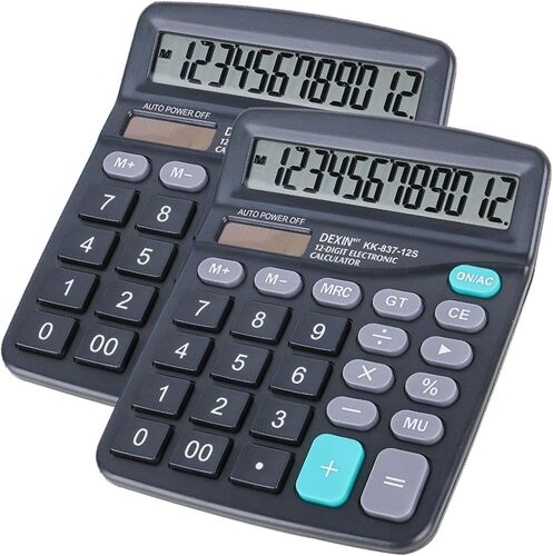 JEXNOVASHOP-2 pièce Calculette de Bureau Solaire Grand Boutons et Écran LCD à 12 Chiffres, Design Compact Fonction Standard Calculateur de Bureau, Dual-Power (Solaire et Batterie), pour Maison et Éco