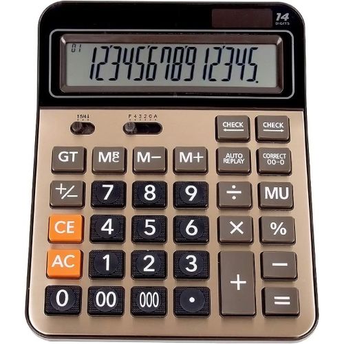 Batterie Solaire Calculatrice de Bureau Grande Calculette Professionnelle à Double Alimentation avec Affichage à Cristaux liquides de 14 Chiffres,idéale pour Le Bureau et la Maison (Gold)