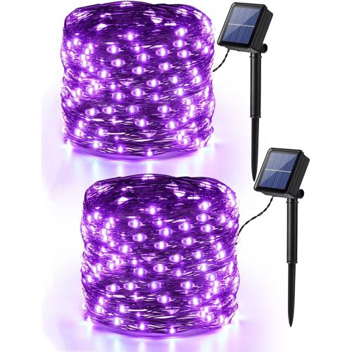 TRAHOO-[Lot de 2] Halloween Guirlande Lumineuse Solaire Extérieur, 14M 120 LED Violet Guirlande Fil Cuivre Étanche 8 Modes Lumières de Noël Décoration pour Action de Grâces Jardin Terrasse Arbres