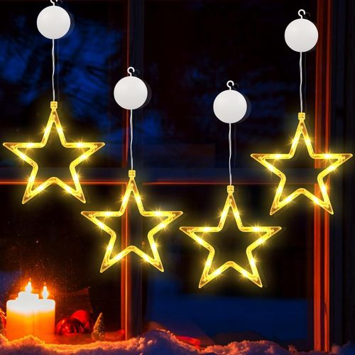 Kal-Lumières De Noël Etoiles Led, 4 Pièces Fenêtre Étoile Guirlande Lumineuse Décoration De Arbre De Noël Batterie Lumières Rideaux Lumineux Pour Halloween Jardin Porte Maison Fête, Blanc Chaud