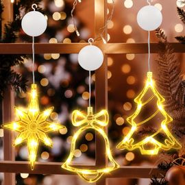 KAL-Fenêtre Guirlande De Noël, 3 Pièces 10 Led Rideau Lumineux Blanc Chaud Lumières Décoration De Fenêtre À Piles Sapin De Noël & Cloche & Étoile Polaire Lamp De Noë Pour Intérieur Jardin Mariage