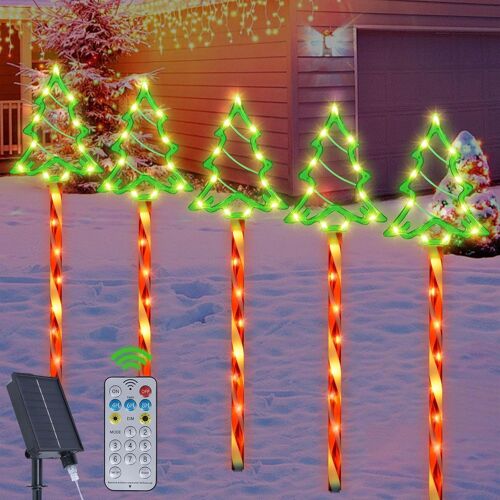 Lumières Solaires De Noël, Lot De 5 Arbre De Noël 85 Led Lumière Solaire Exterieur, Décoration De Noël Extérieur, Lumière De Jardin Étanche Lampes Décoratives Pour Terrasse Jardin Décoration De Hiver