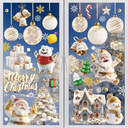 Stickers Noel Fenetre, 9 Feuilles Sticker à Effet Stéréoscopique Blanc, 110 Pièces Noël Autocollant Fenêtre , Flocons de Neige Père Noël, Renne, Cloches, Decoration Noël