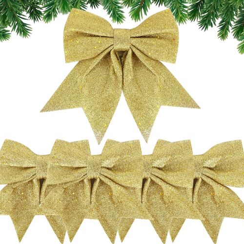 Kal-5pcs Noeud De Ruban De Noël 24cm Grande Taille Arcs De Noël Ruban Noeuds Papillons Ornements Decoration De Noël Pour Arbres De Noël Emballages Cadeaux Sapin De Noël Guirlande Voiture Mariage (Doré