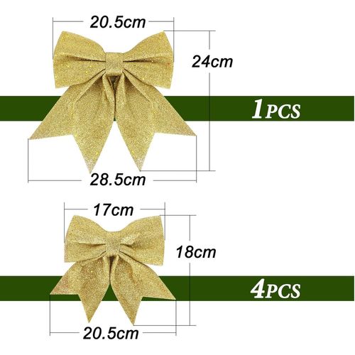 5PCS Noeud de Ruban de Noël 24cm Grande Taille Arcs de Noël Ruban Noeuds Papillons Ornements Decoration de Noël pour Arbres de Noël Emballages Cadeaux Sapin de Noël Guirlande Voiture Mariage (Doré)