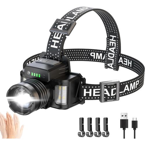 Lampe Frontale Led Rechargeable, Ultra Puissante 50000 Lumens 3+3 Modes, Capteur Et Lumière Rouge Bleue, Lampe Frontale Rechargeable Usb Réglable 45° Ip65 Étanche Pour Camping, Randonnée